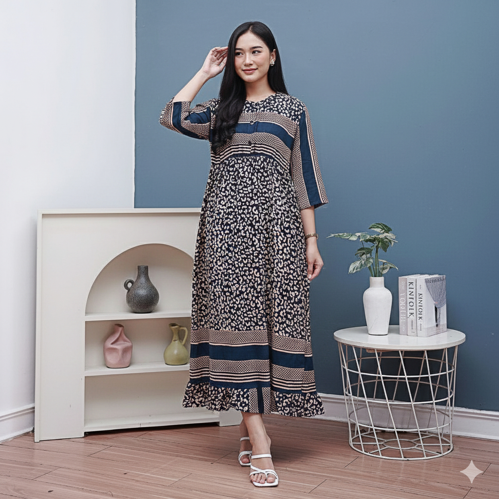 Daster Long Dress Lengan Panjang Rayon Busui Resleting Depan Nyaman Ibu Kekinian