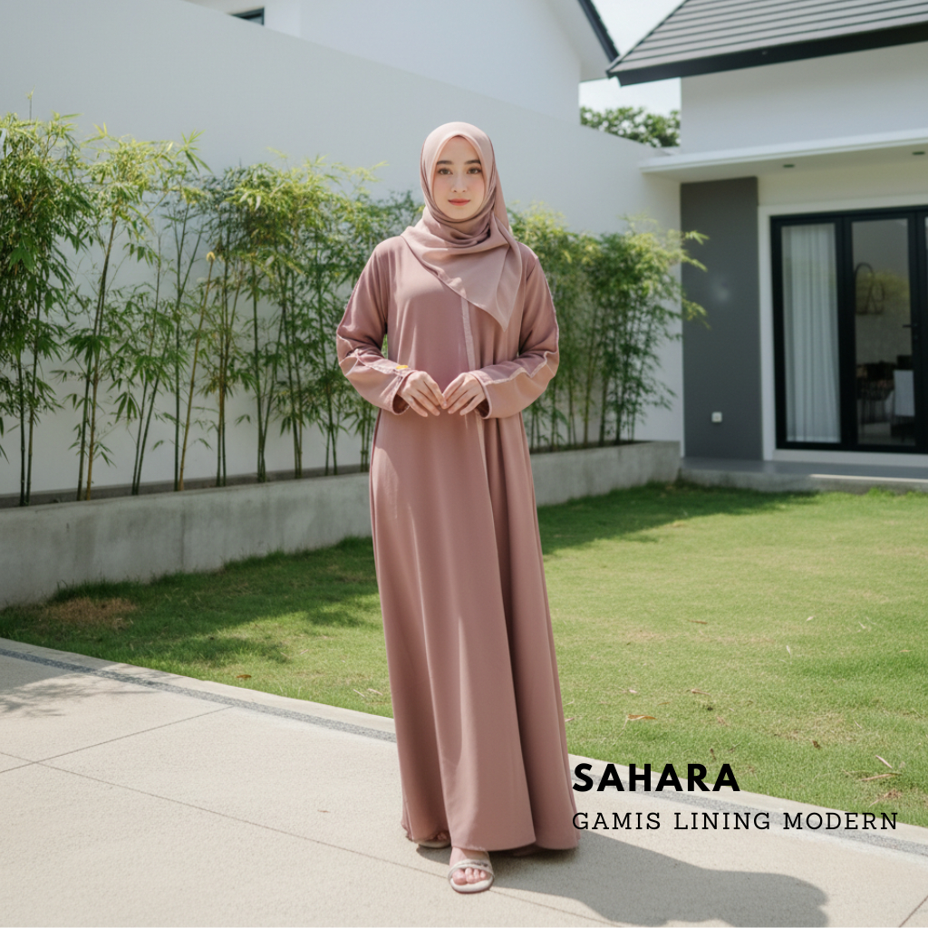 Feelmine Abaya Sahara - Baju Gamis Wanita Muslimah Syari List Stylish Bahan Wolfis Premium