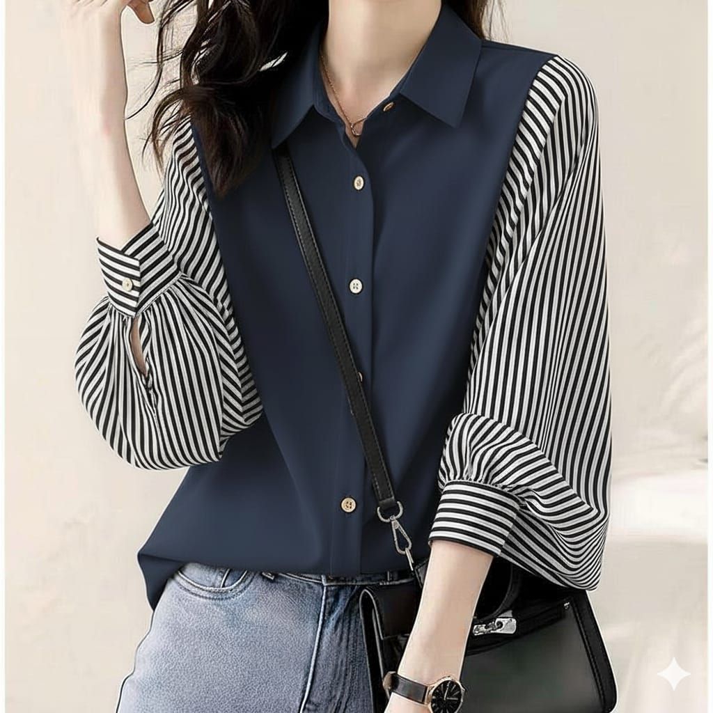 Laila kemeja rayon twil kombinasi salur atasan tangan balon nyaman wanita simple