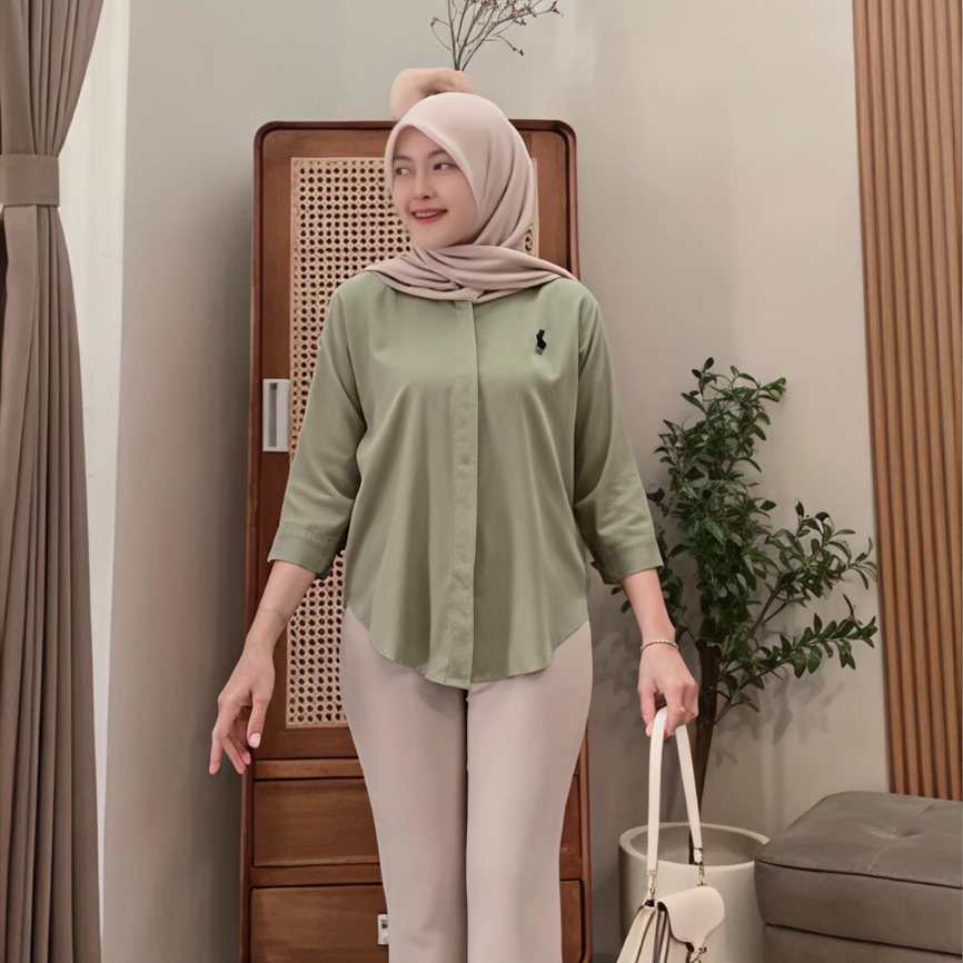 Kemeja Wanita Terbaru Rayon Twill Bordir Logo - Lengan 7/8, Desain Elegan, Bahan Premium