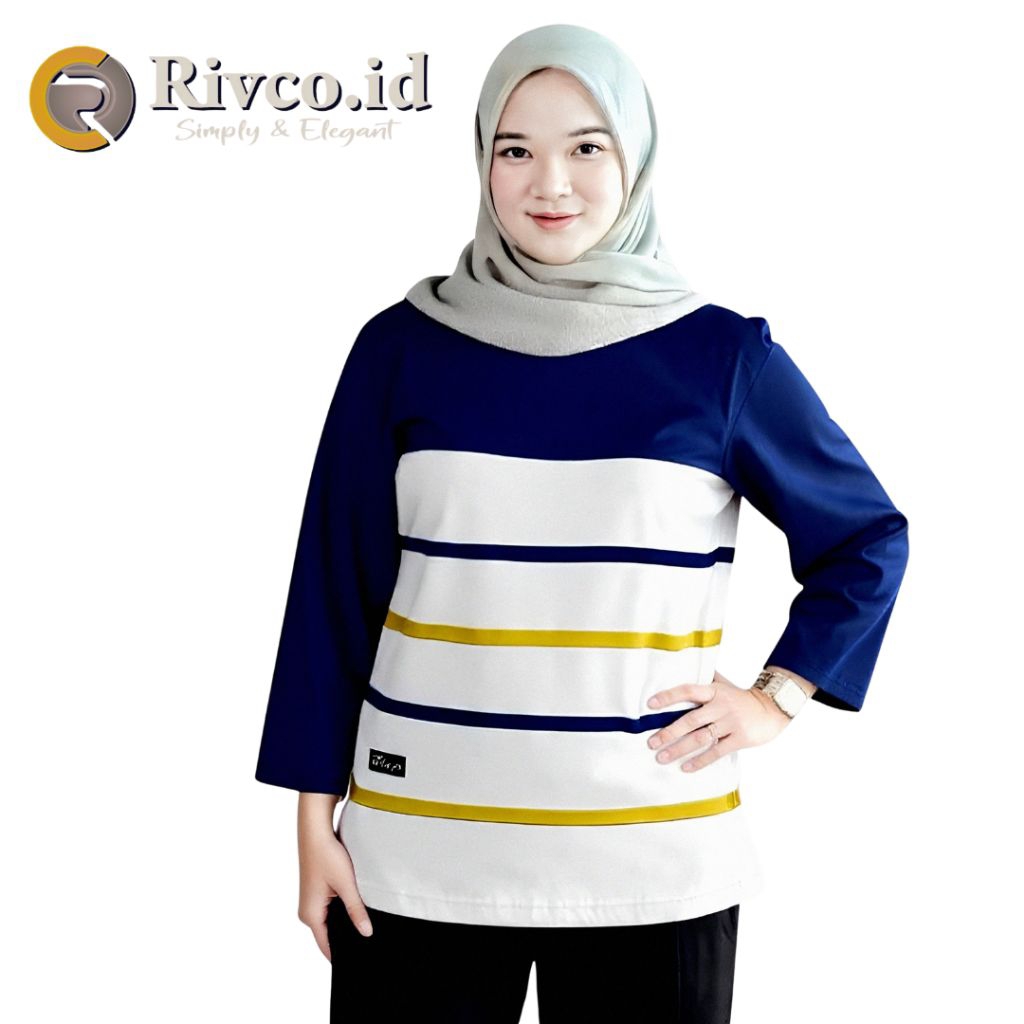 RIVCO Atasan Kaos Wanita Lengan Panjang 7/8 Motif Salur Kombinasi Terbaru Kekinian Katun Combed 24 S