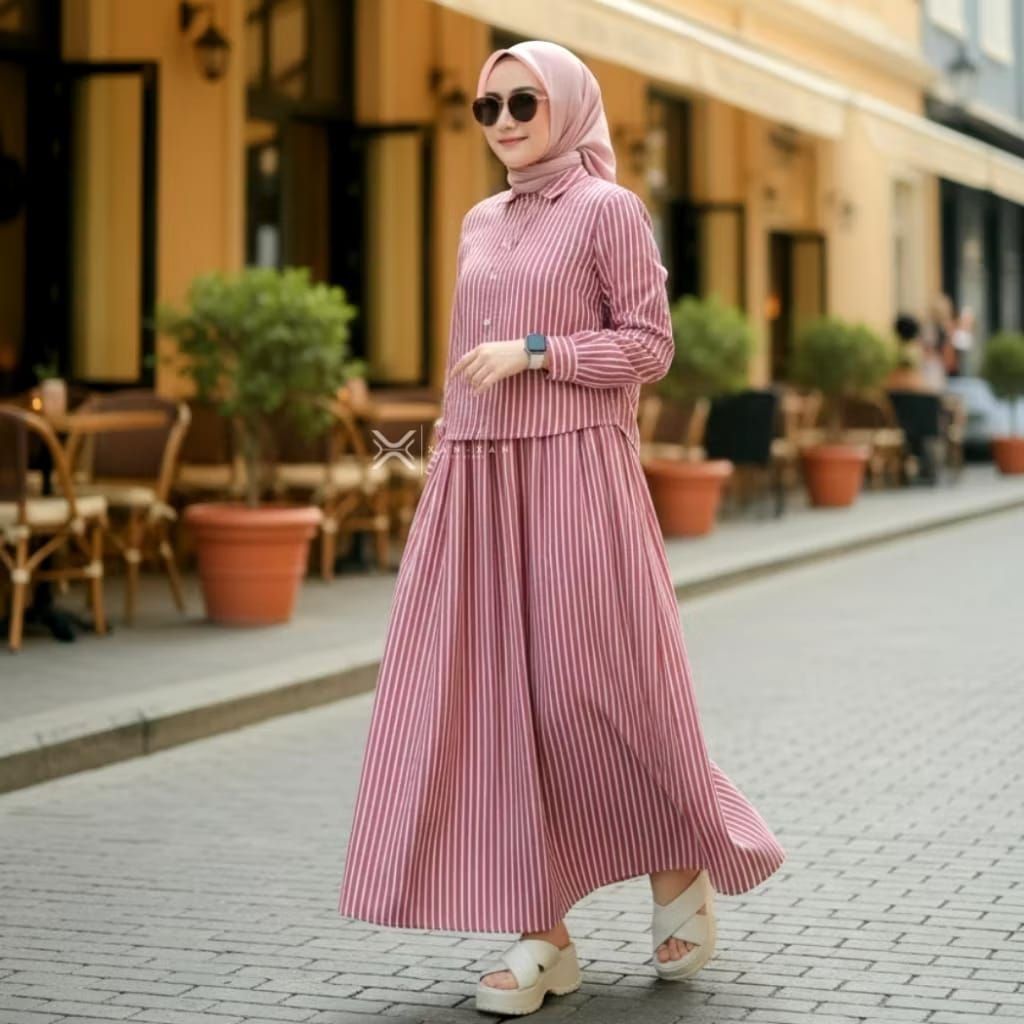 One Set- Sheila Kemeja Rok Salur Setelan Wanita Bahan Katun Premium Adem dan Nyaman