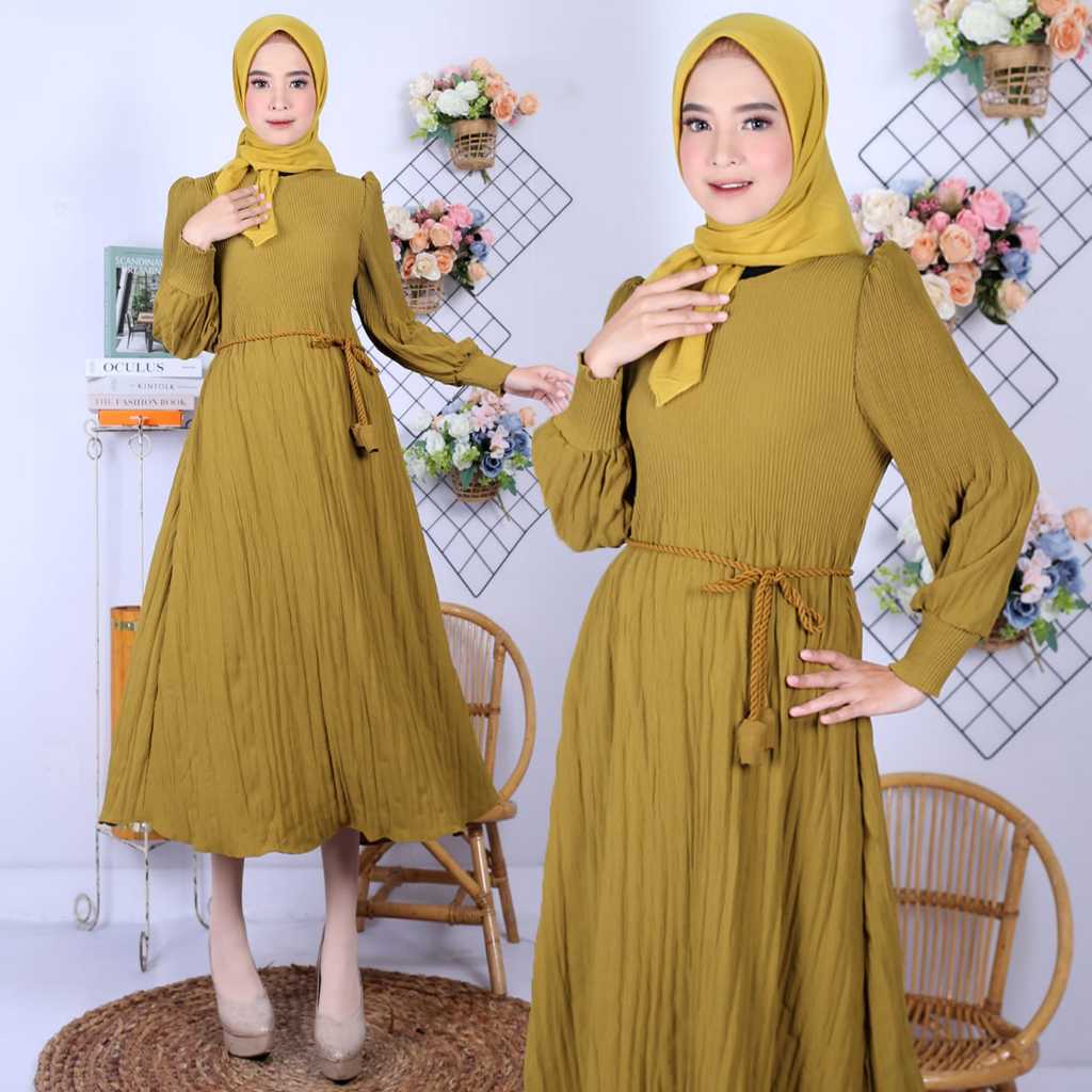 Midi Dress Plisket Premium | Midi Dress Aleva Premium | Dress Lebaran Mewah
