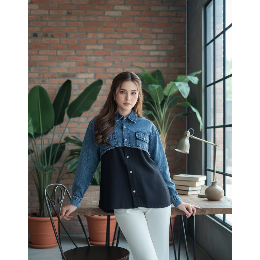 Kemeja Jeans Mix Rayon Leviya Pinggang Rawis Premium Full Kancing Baju Kerja Atasan Formal Kemeja Ce