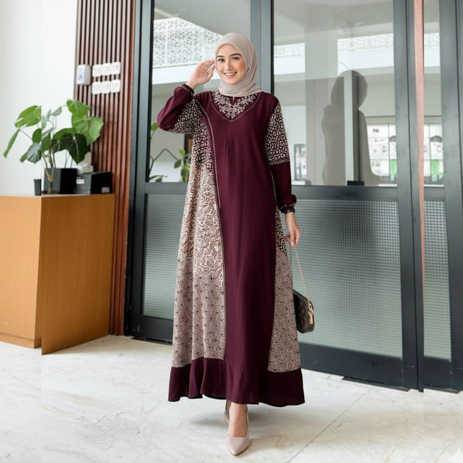 Kirana Dress Rayon Batik Rempel Busui Lengan Panjang Adem Nyaman Tebal Homedress