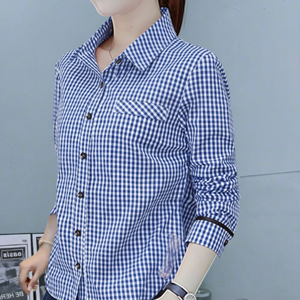 Blouse motif Vichy/atasan/kemeja wanita kancing modern kekinian katun lembut