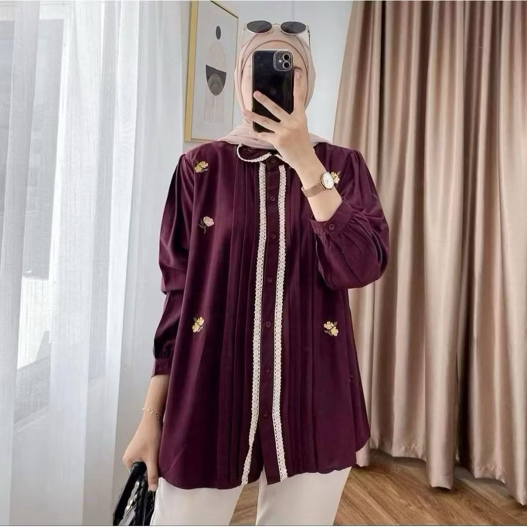 Nayla Shirt Kemeja Wanita Bordir Renda Terbaru Linen Premium
