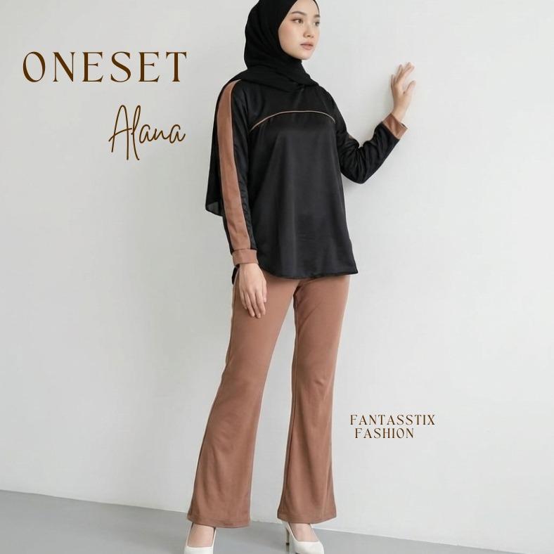 FX - SETELAN ALANA - Setelan Celana Kaos Polos Wanita Oversized Fit List Bahan Knit Casual Desain Po
