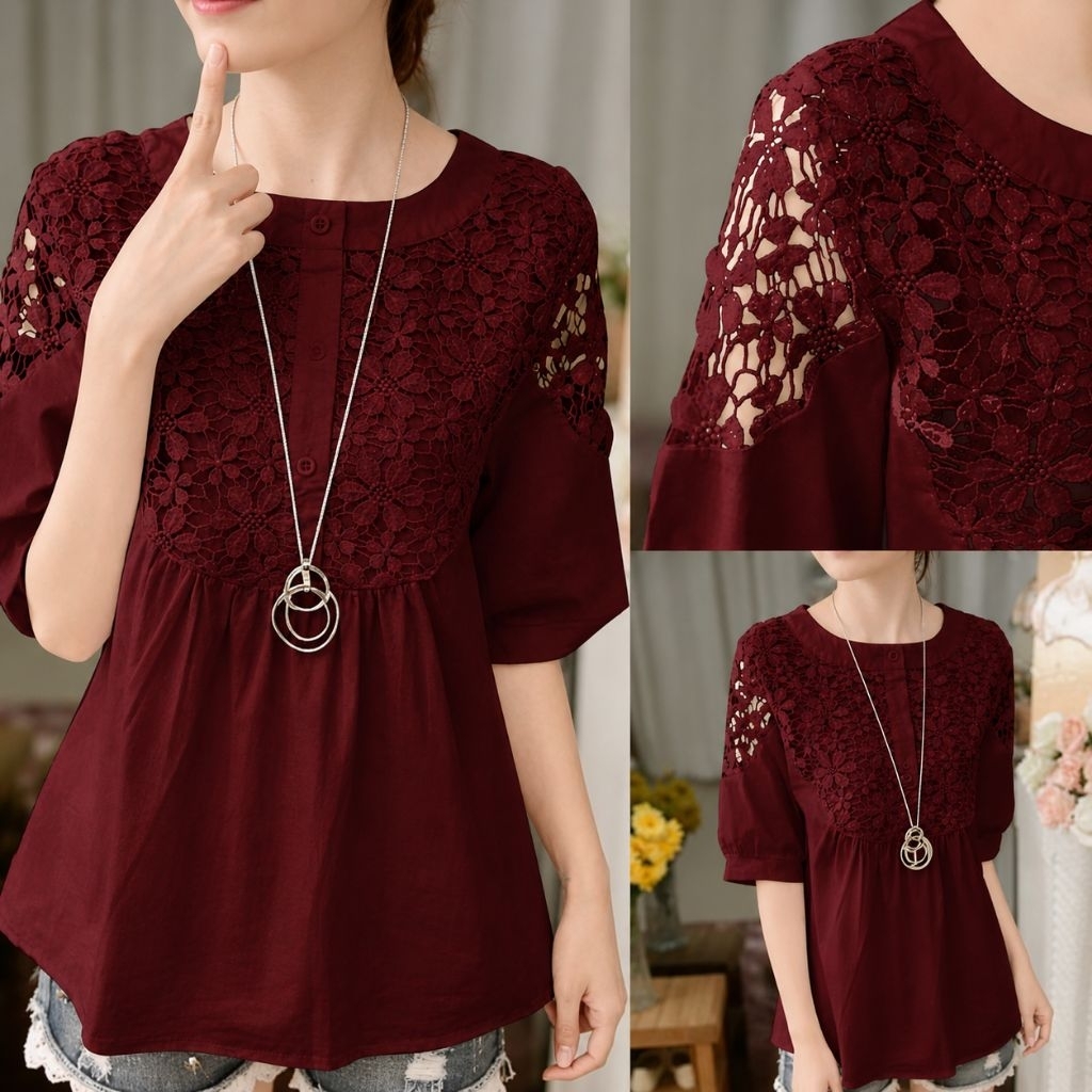 Top Bronita Atasan Wanita Kombinasi Brokat Lace Blouse Babydoll Atasan Pesta Kondangan Kekinian