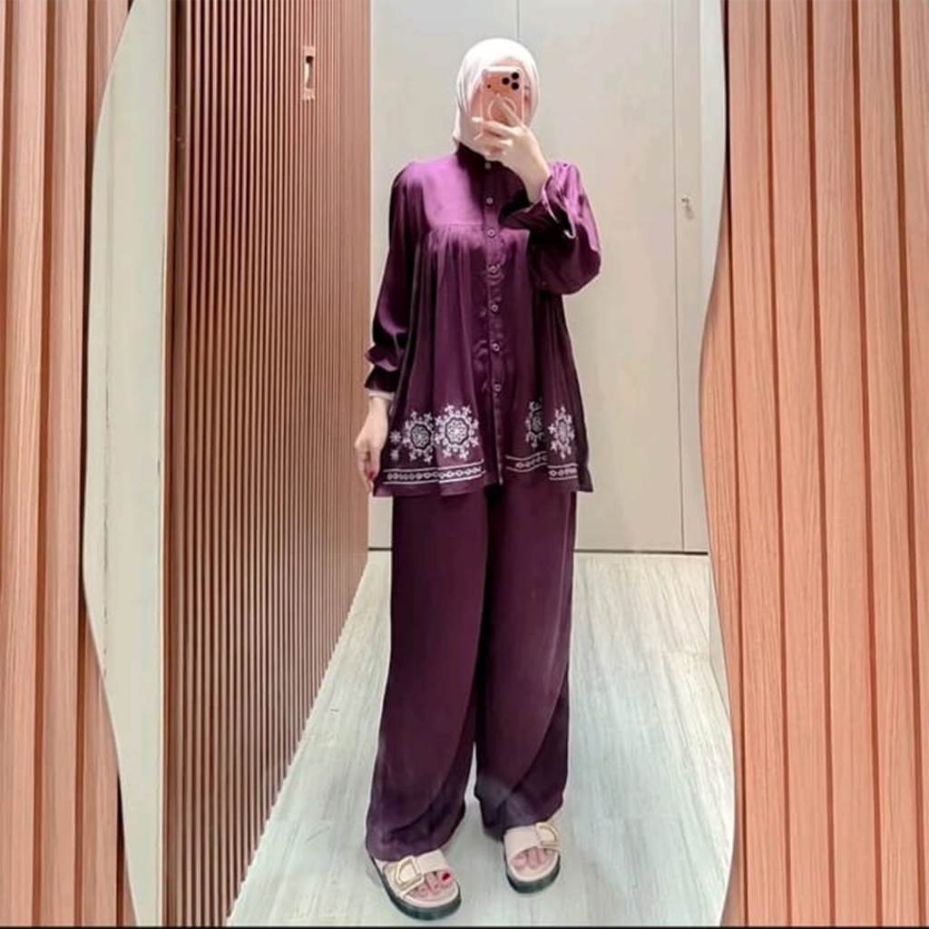 One Set Setelan Celana Panjang Rayon Bordir Busui Wudhu Friendly Standar Jumbo - Batik Cantingan