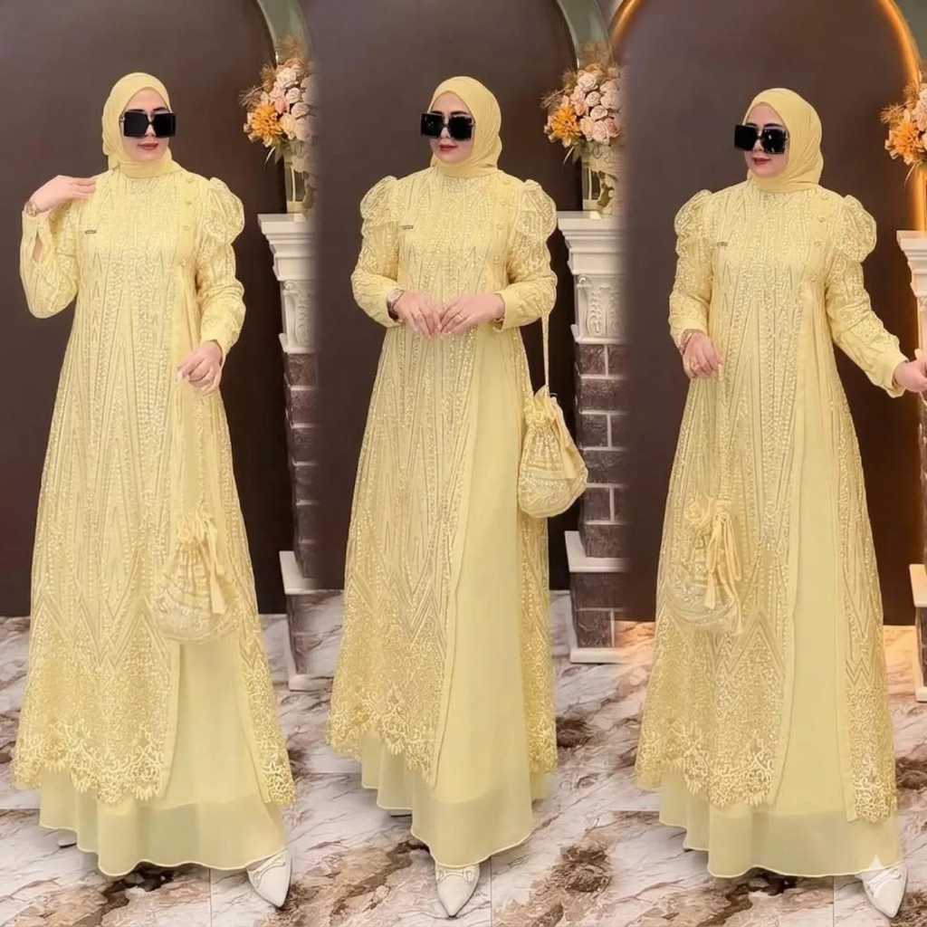Sienna Dress Pesta Wanita Muslimah Mix Brukat Gamis Mewah Terlaris 2026 Lebaran Bahan Ceruty Babydol