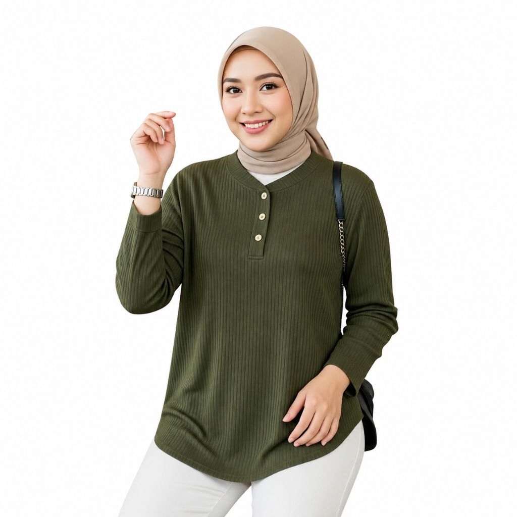 Kaos polos wanita lengan panjang krah sanghai / Kaos wanita kancing 3 leher / Koas waffle premium