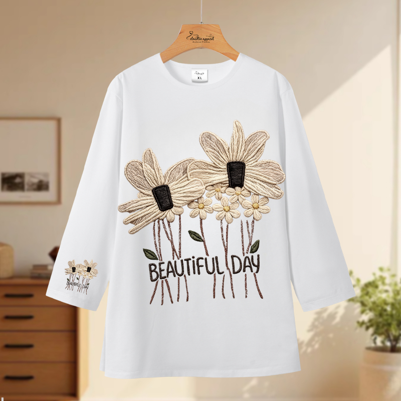 Cloud Tee - Kaos Oversize Lengan 7/8 | Motif Bunga Mekar | Korean Style 2026 | Casual Breathable Sty