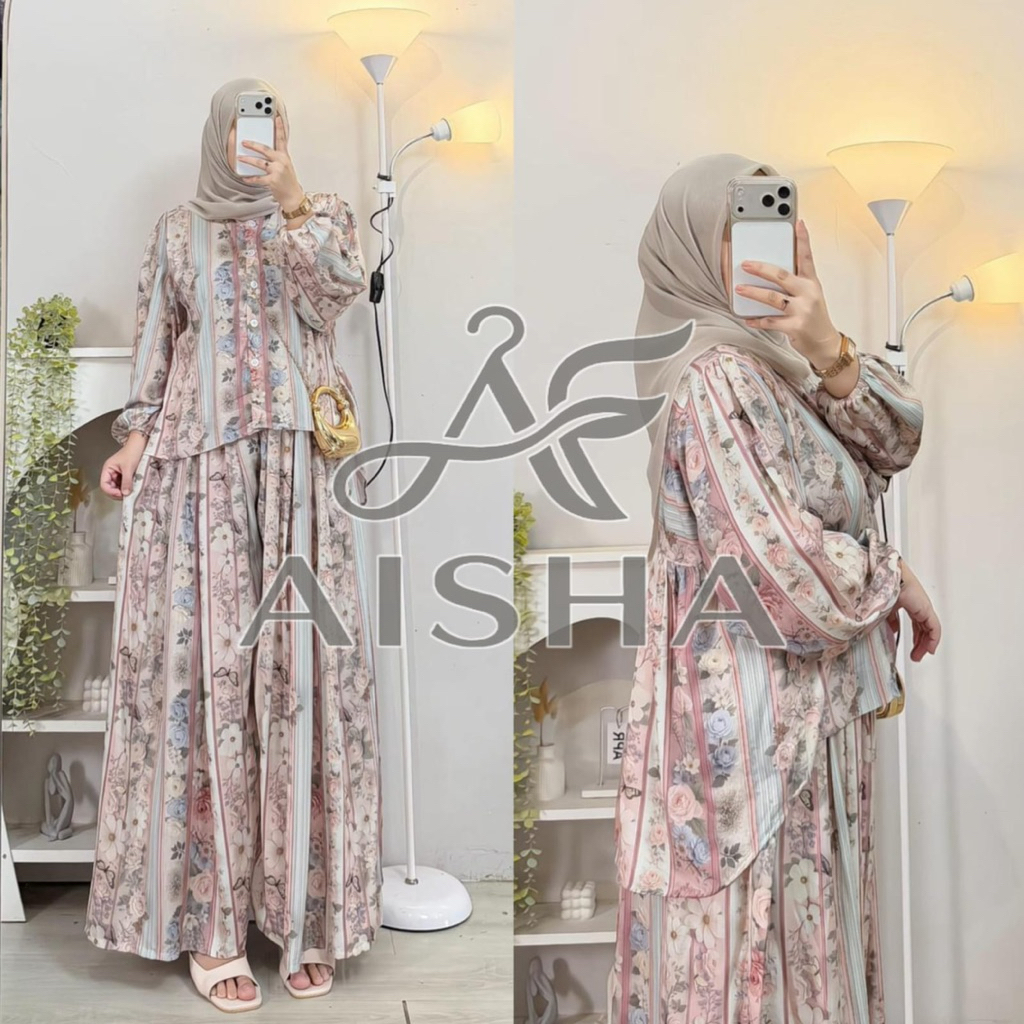 one set alyssa setelan jumbo setelan rayon motif one set atasan bawahan setelan wanita