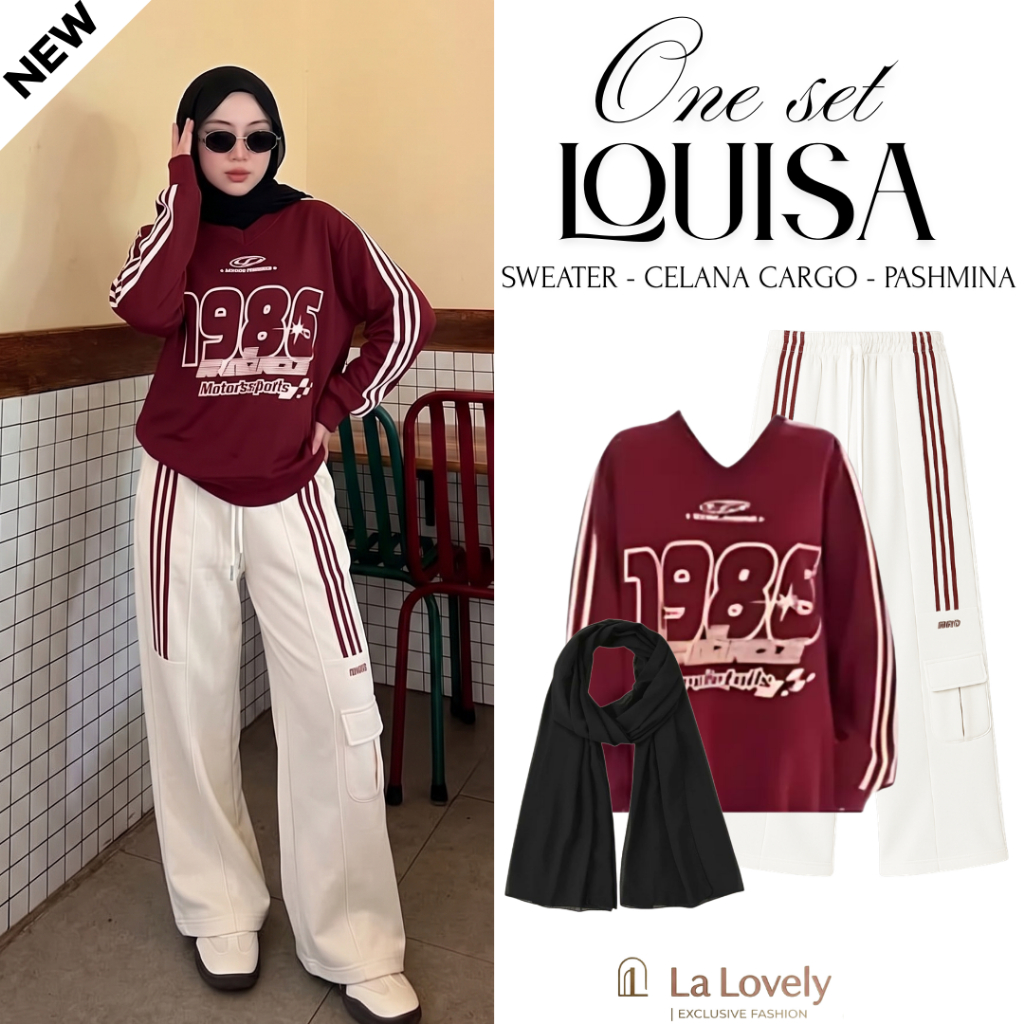 Oneset Korean Style Skena - Sweater Fleece + Celana Cargo + Pashmina - Outfit Nongkrong/Cafe LV103