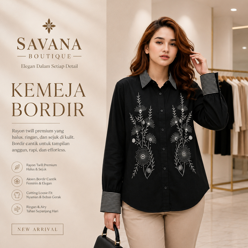 Savana Kemeja Bordir Wanita Rayon Twill Hitam Oranye Pink Putih Navy Formal Kasual Keninian Resmi Fo