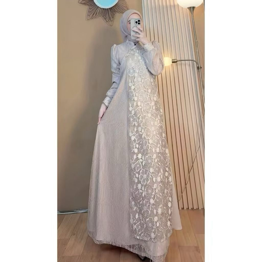(READY STOK SIAP KIRIM/BISA COD)Marisa dress brukat mix chantili/dresskondangan/dresswisuda/dresster