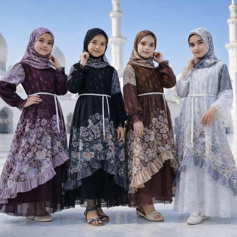 Zahira Gamis Set Hijab Anak Perempuan Ceruty Babydoll Mix Brukat Premium Motif Bunga Sakura Usia 3-1
