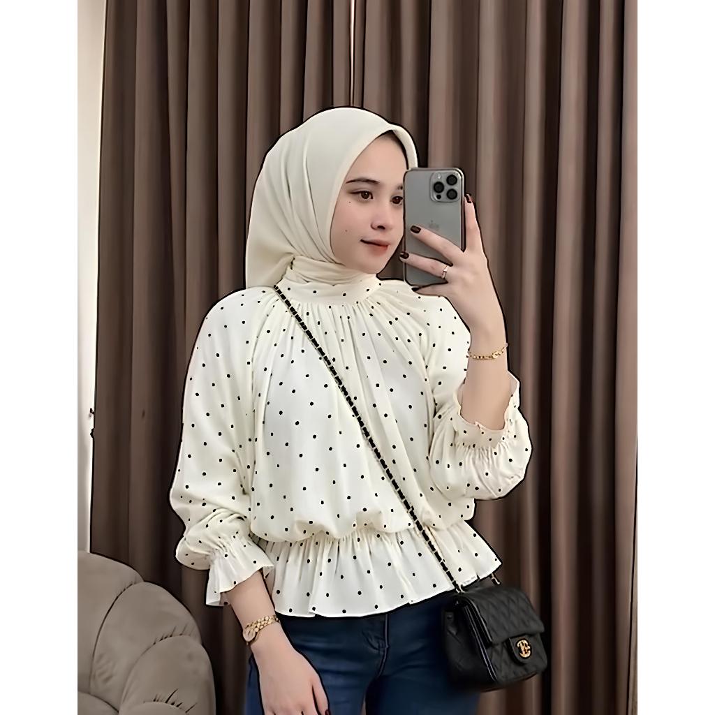 Blouse Motif Atasan Top Wanita Casual Rayon Motif Polka Kekinian