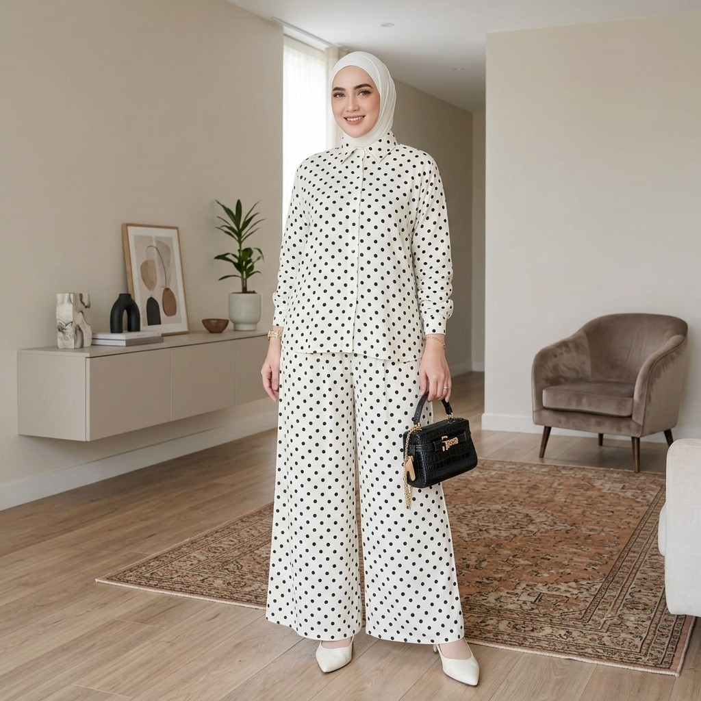 Sofia One Set Polkadot| Setelan Atasan Baju Tunik Wanita Muslim Remaja Dewasa Celana Kulot Motif Pol