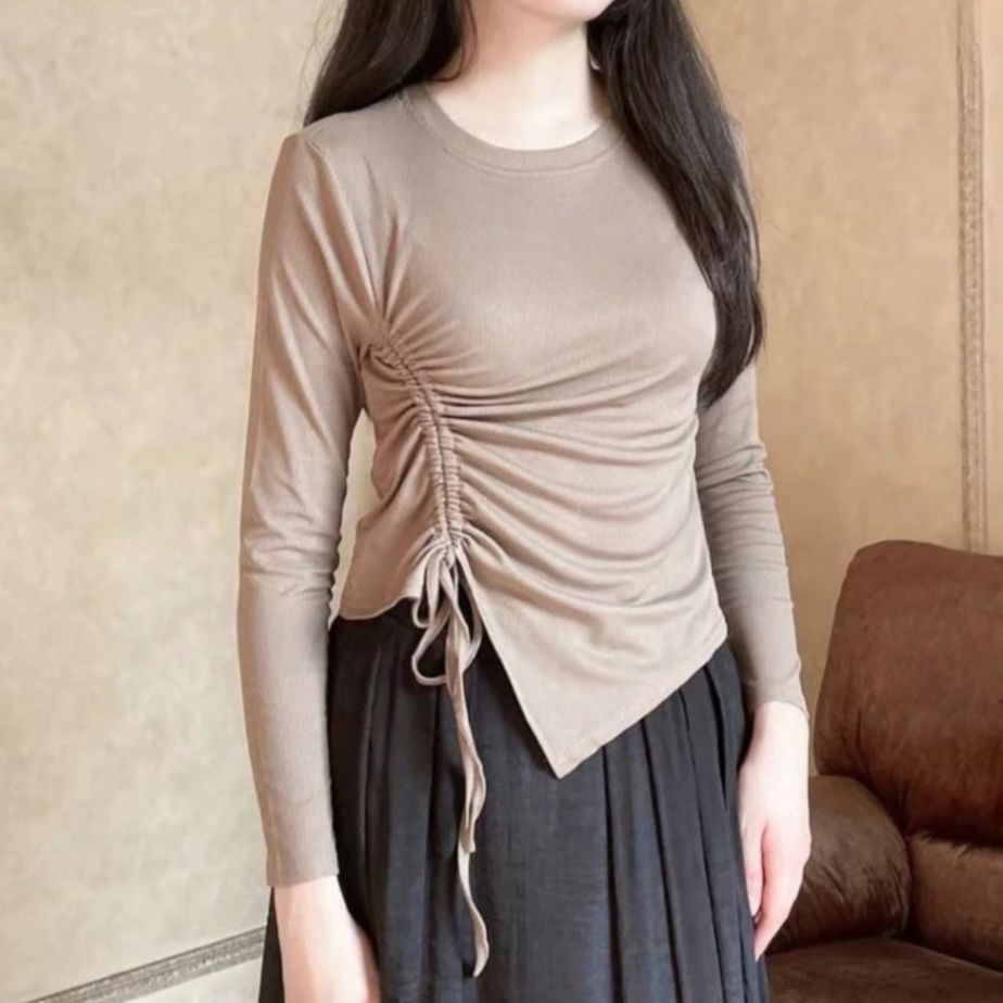 KNIT TOP Crop top blouse serut samping lengan panjang kerut tali korean style kekinian