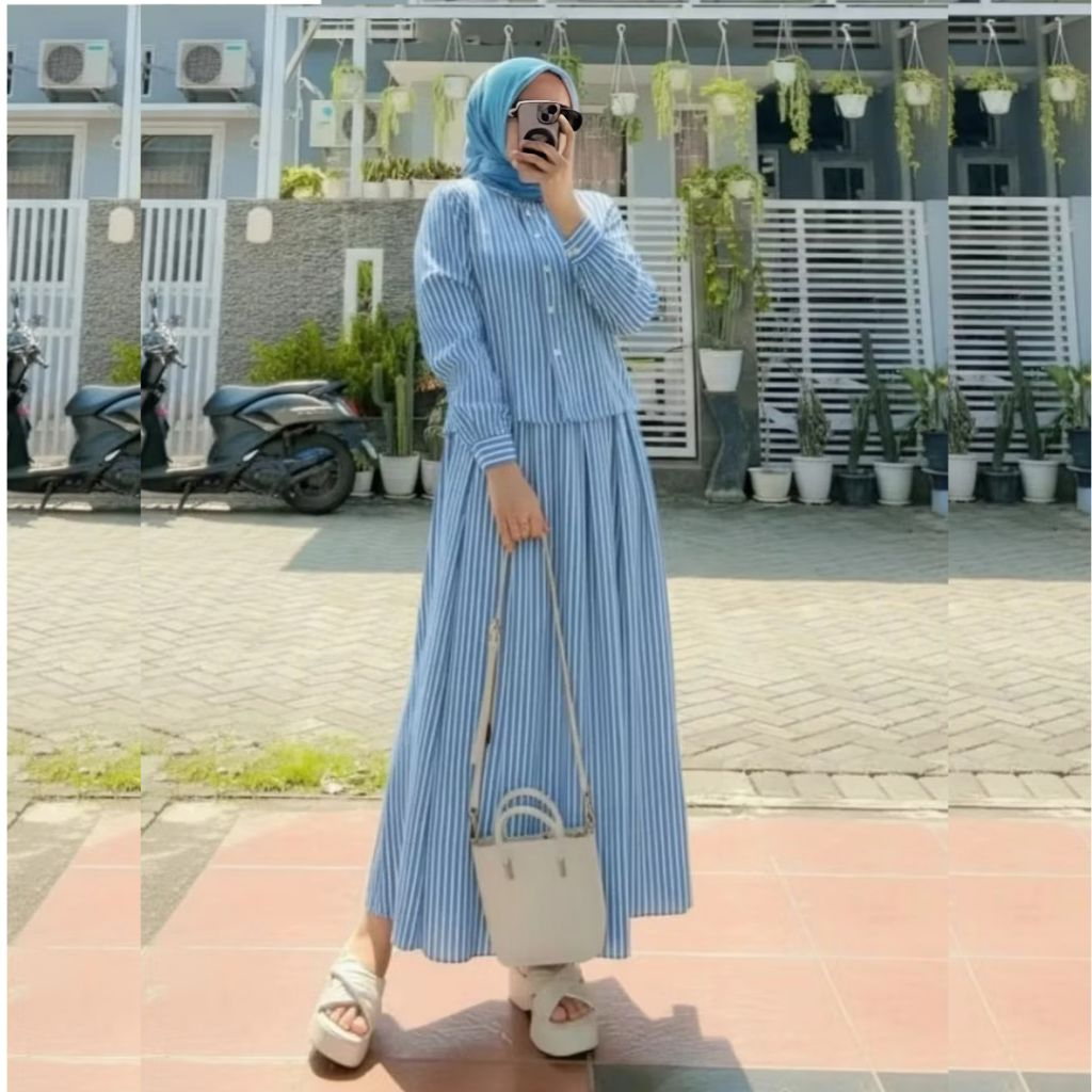 One Set Sheila Setelan Wanita Kemeja Rok Bahan Katun Premium Salur Nyaman