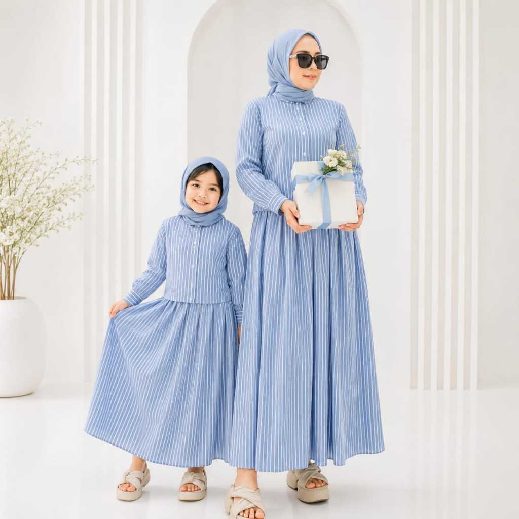 One Set Sheila Couple Dewasa anak Setelan Wanita Kemeja Rok Bahan Katun Premium Salur Nyaman