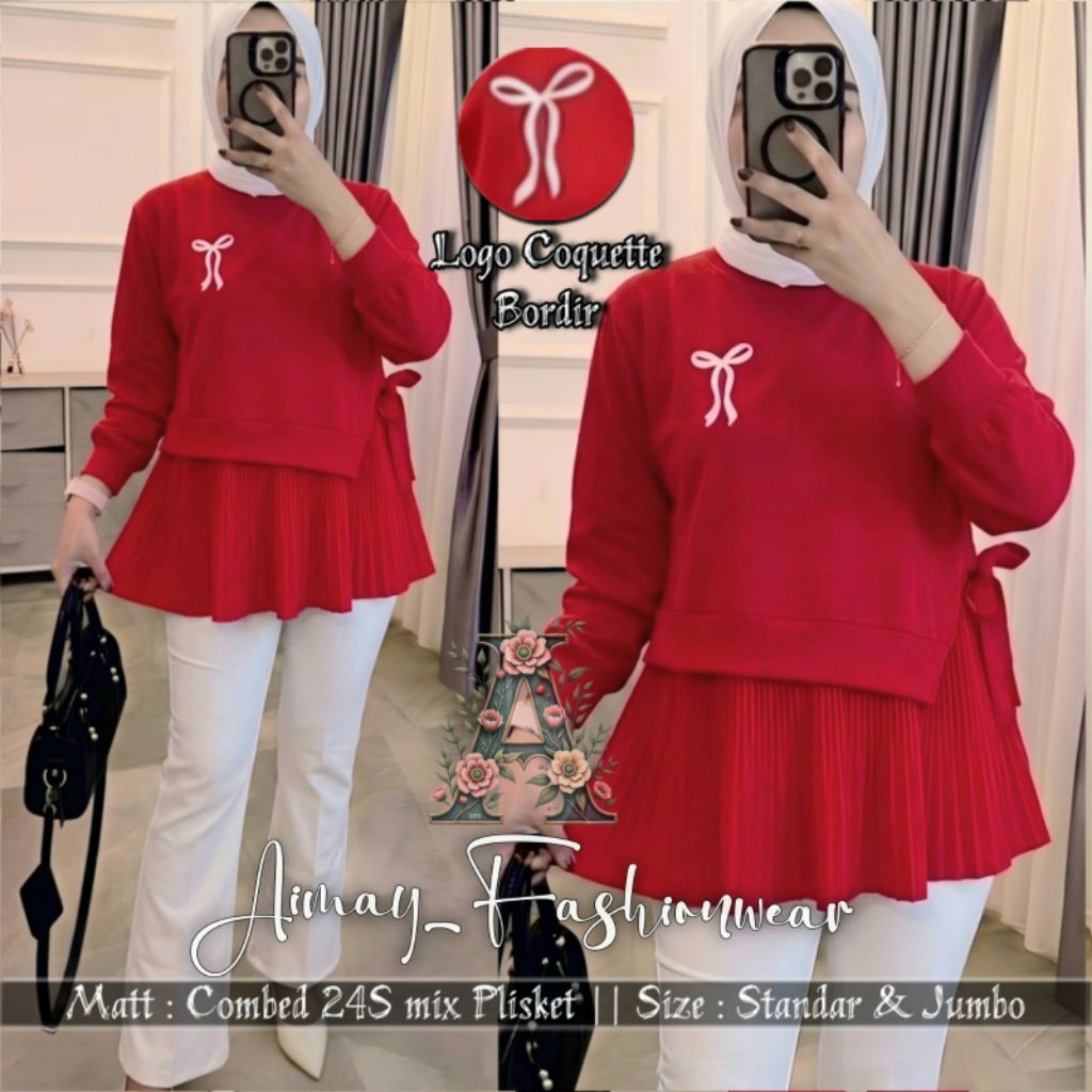 [cod] Kemeja/Blouse Combed24s mix Plisket mix bordir /Blouse Merona ORIGINAL/Atasan wanita merah put