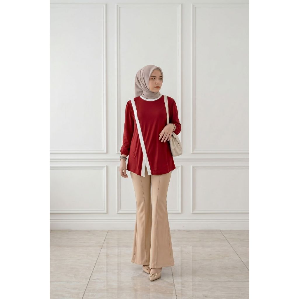 Eliza Blouse Lengan 7/8 Kombinasi Warna | Kaos Atasan Wanita Kekinian | 1898
