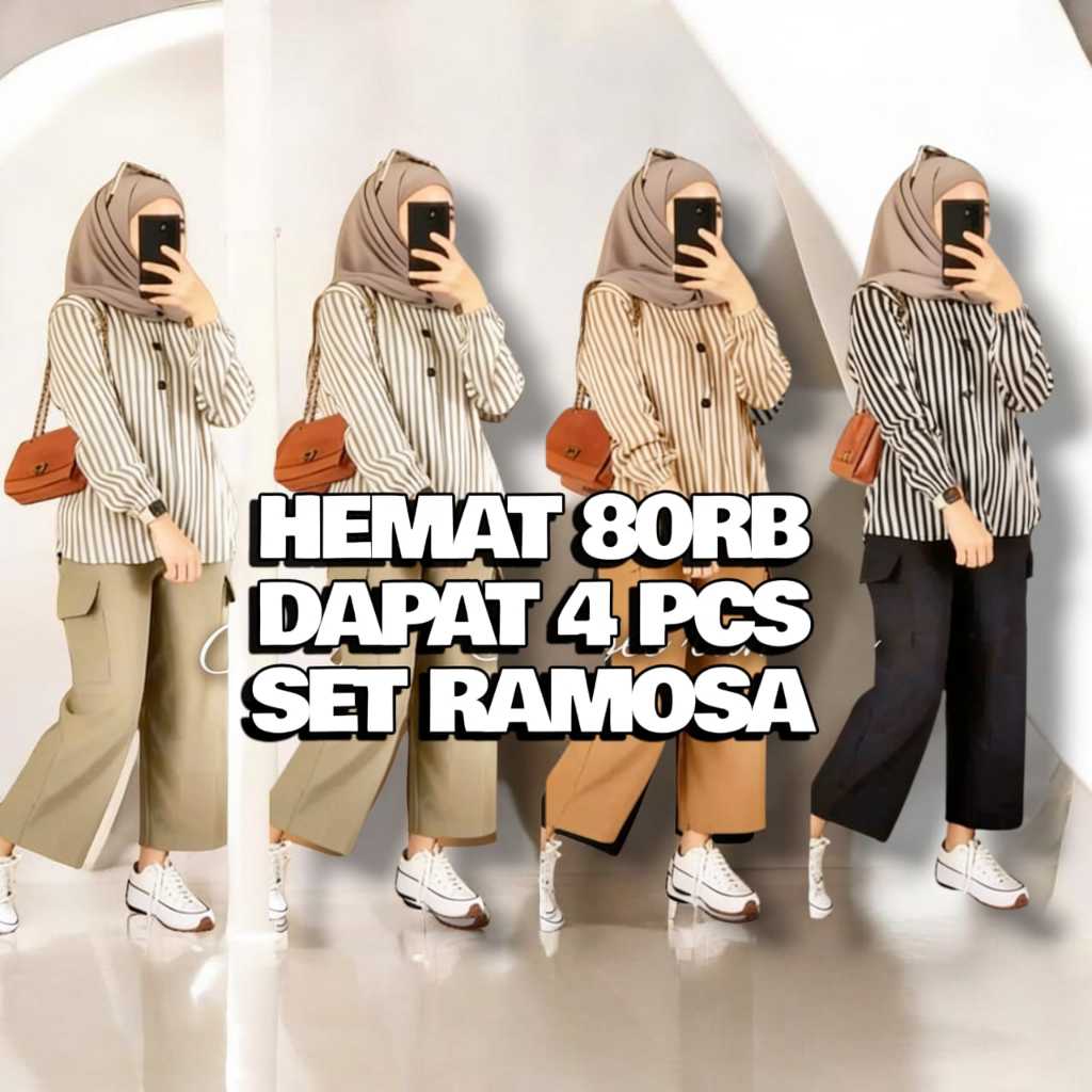 Paket Hemat 70rb Dapat 4 pcs Setelan wanita kekinian setelan Ramosa motif salur bahan katun halus
