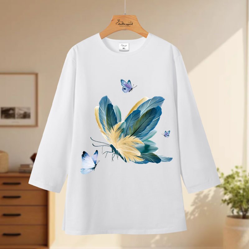 Cloud Tee - Kaos Wanita Oversize Lengan 7/8 | Korean Style 2026 | Motif Kupu-Kupu Warna-warni Cute |