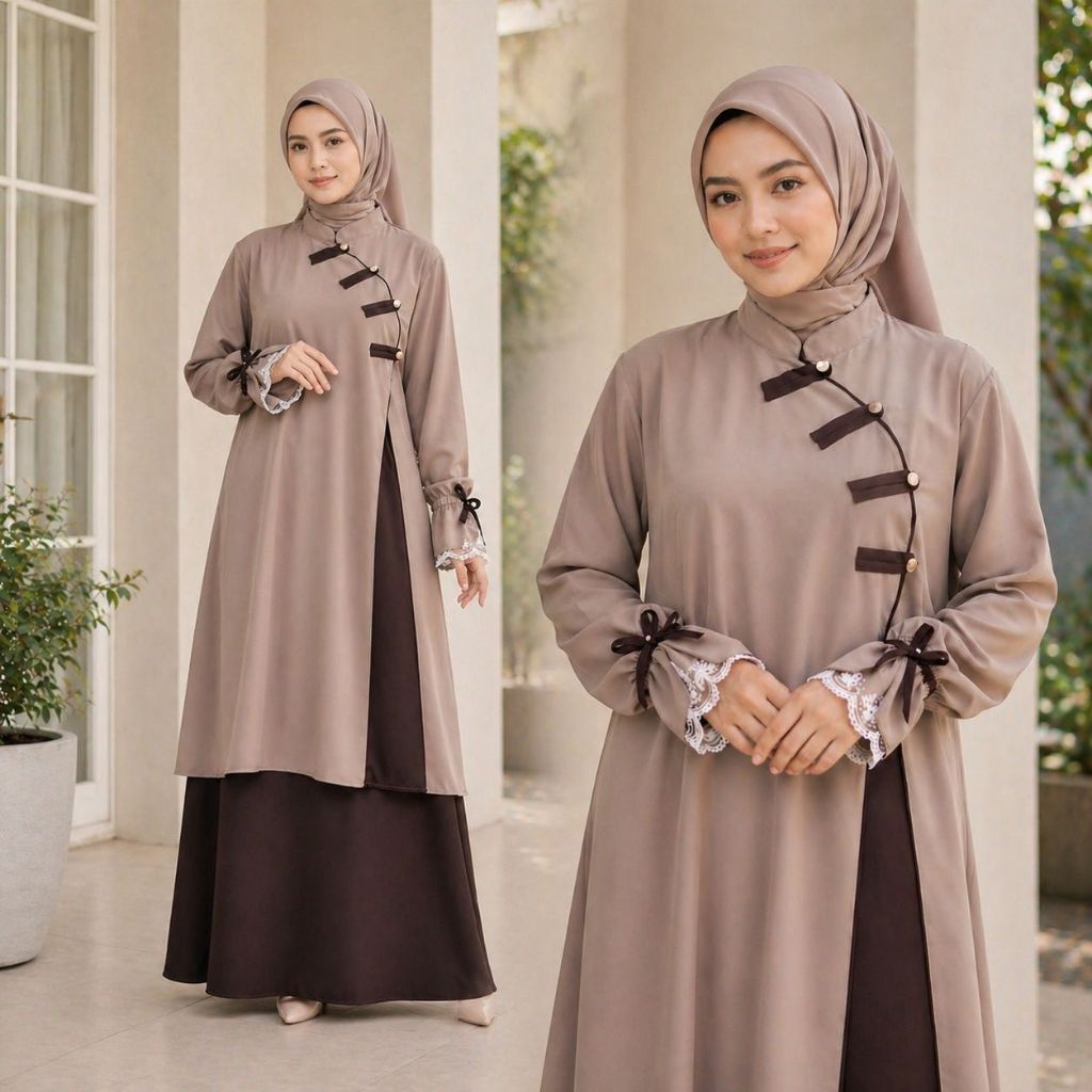 Lilian Cheongsam Set Rok Tunik Syari Busui Friendly dengan Kancing Congsam dan Blouse untuk Keharmon