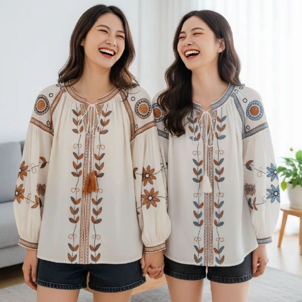 Atasan Wanita Terbaru Netta Embroidered Bohemian Bordir Premium Loose Fit Casual Elegant