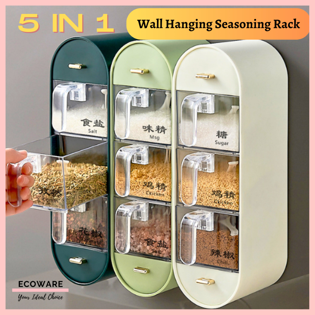 ECOWARE Modern Kitchen Punch-free Wall Mount Seasoning Spice Storage Box Multi-Layer Herbs Container with Spoon Kitchen Organiser