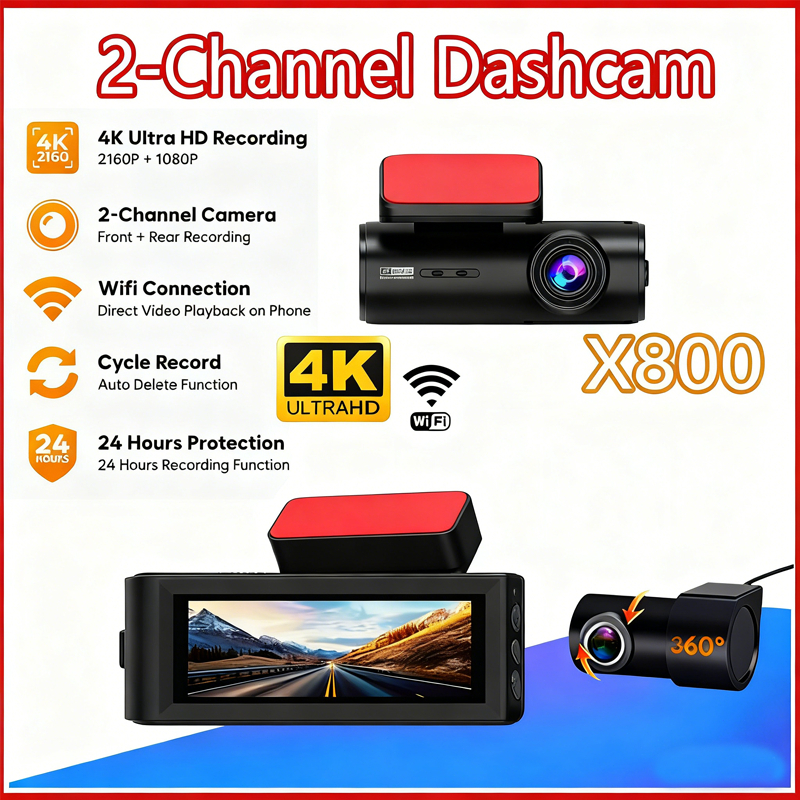 4K 2160P X800 Front Dash Cam Front and Rear 1440P Full HD Dual Dashboard Camera Dashcam 3.0" LCD Display Night Vision Car Camera Dash Cam for Car