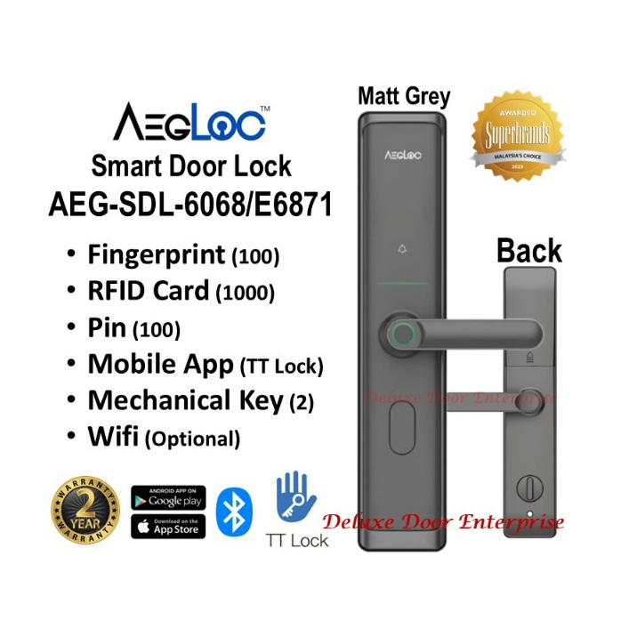 Smart Digital Door Lock AEGLOC E6871 AEG-SDL-6068/E6871 Digital Door Lock Smart Lock Digital Lock TT Lock Homestay Lock