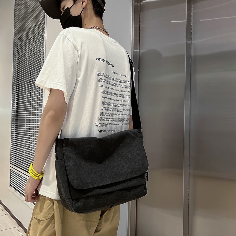 Ins Japanese Simple Ulzzang Korean Fashion Canvas Big Capacity Men Shoulder And Sling And Messenger 2050