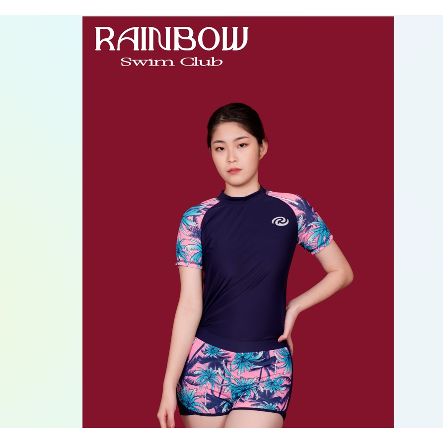 RAINBOW 2pc set double shorts S/L n L/S rash guard swimwear plain n floral rush guard swimsuit