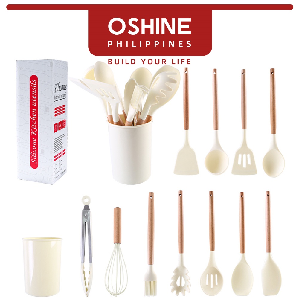 OShine Non Stick Food Grade Silicone Kitchen Utensils Set Of 12PCS With Wooden Handle