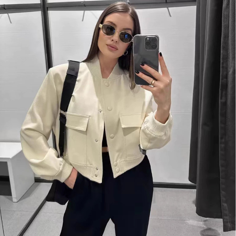 Qiqi Cropped Varsity Jacket With Side Pockets For Women Simple European Style Short Jacket L4059