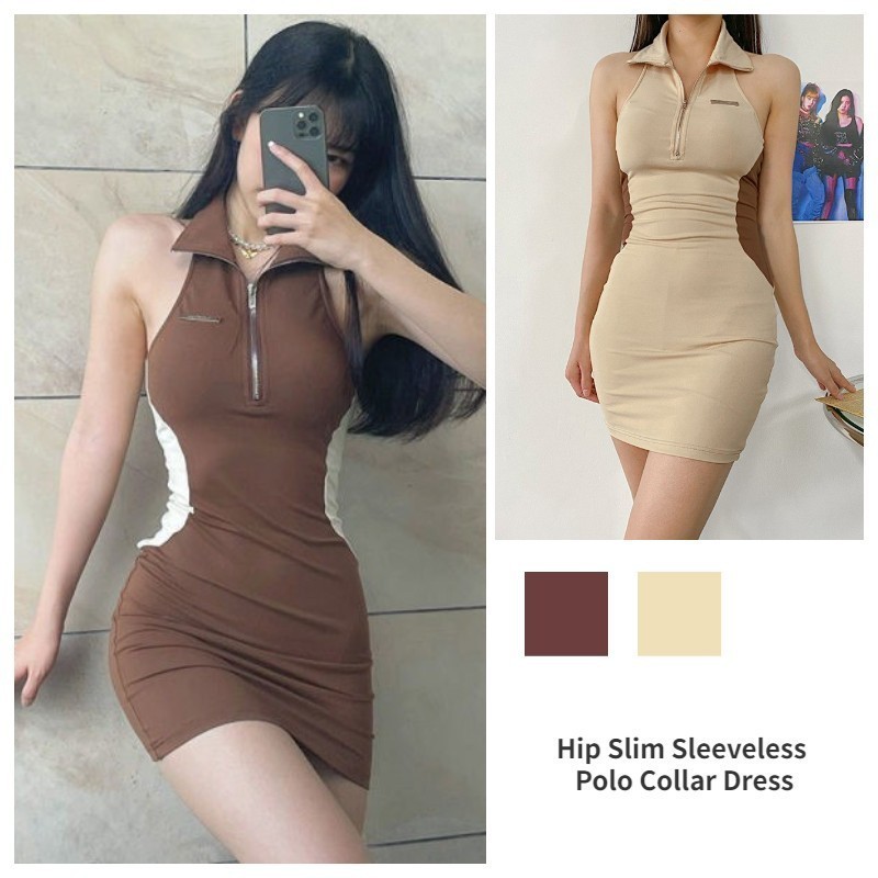 Polo Collar Dress Women's Summer Stitching Hip Slim Sleeveless JE