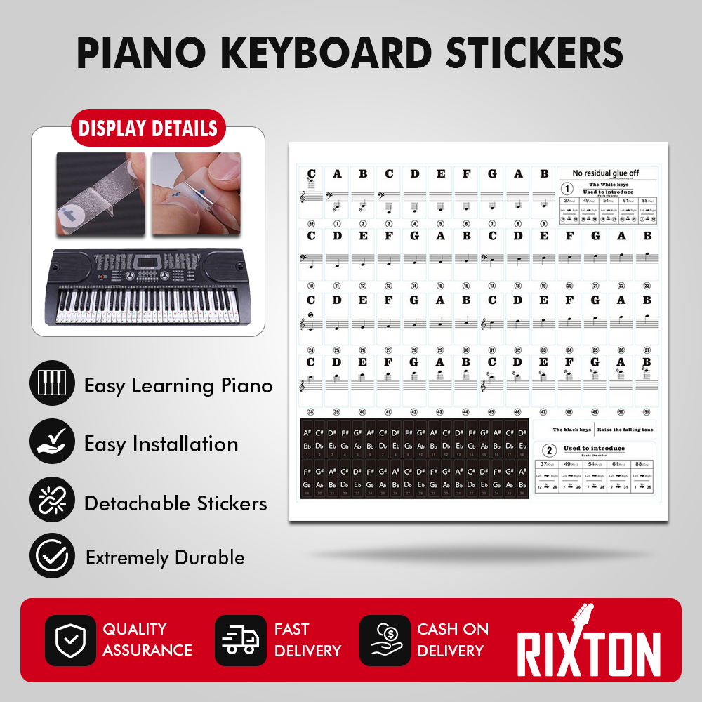 RIXTON Piano Keyboard Transparent Stickers for 37/49/54/61/88 Keys