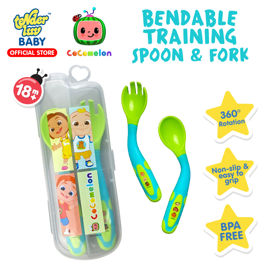 CoComelon Silicone Baby Toddler Training Spoon & Fork BENDABLE with Case