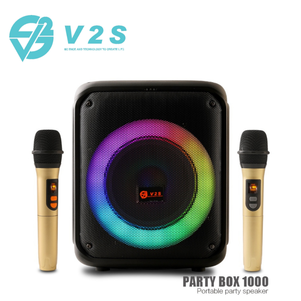 V2S PARTYBOX 1000 Rechargeable Wireless Bluetooth With dual Wireless Microphone Karaoke Speaker Bass