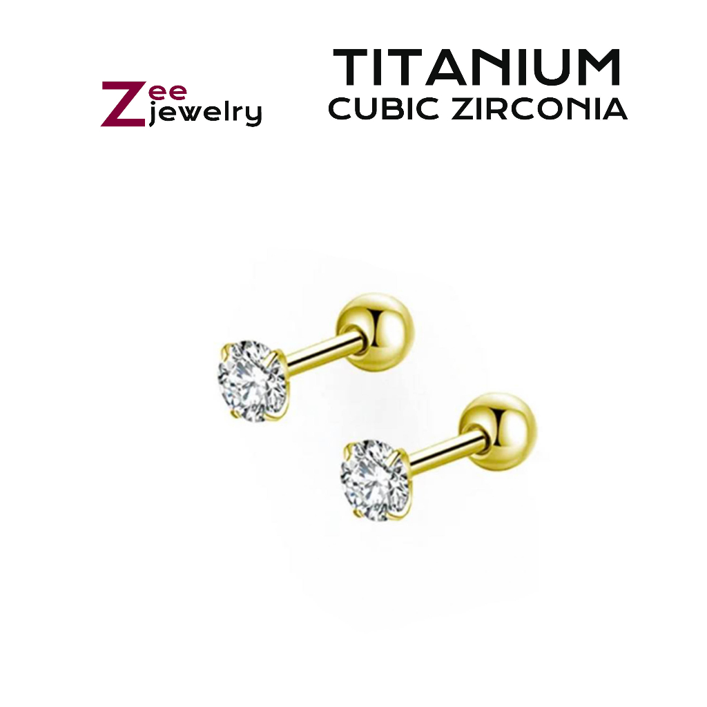 Zee Cubic Zirconia Clawset Titanium Screw Lock/ De roscas Earrings Hypoallergenic
