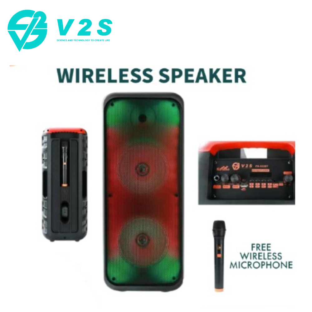 V2S PB-822BT Dual 16-inch Speaker With Dancing Flame Lamp Extra Bass With 1 Wireless Microphone