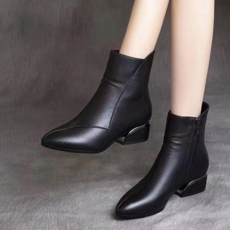Black leather boots for women Korean style school shoes mid heel black boot size 35-40