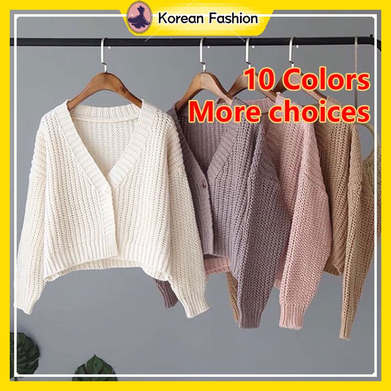 Korean Fashion All-Match V Neck Knit Cardigan Short Long Sleeve Sweater For Women Tops