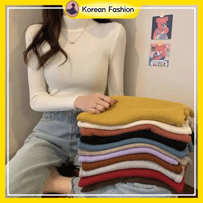Korean Pull Over Sweater Long Sleeved Blouse Solid Color Versatile Slim Knitted Top For Women