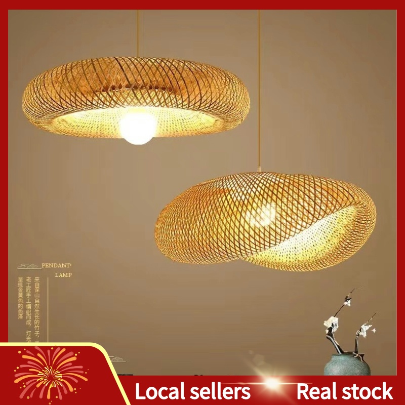 【Free Bulb】Simple Bamboo Pendant Light LED Ceiling Hanging Lights Retro Style Chandelier for Kitchen